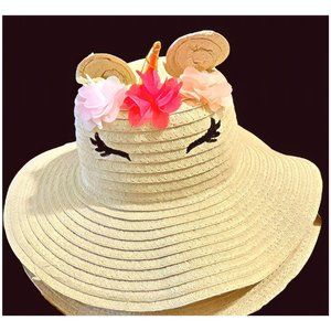 Limited Too Unicorn Sun Hat Golden Horn Pink Flowers Girls Tweens Ears
